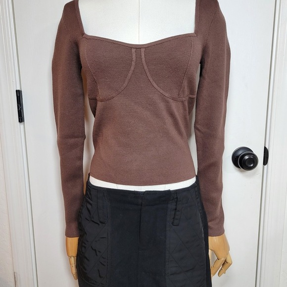 Abercrombie & Fitch Sweetheart Neck Brown Knit Long Sleeve Top Medium Fall Basic - Picture 2 of 8